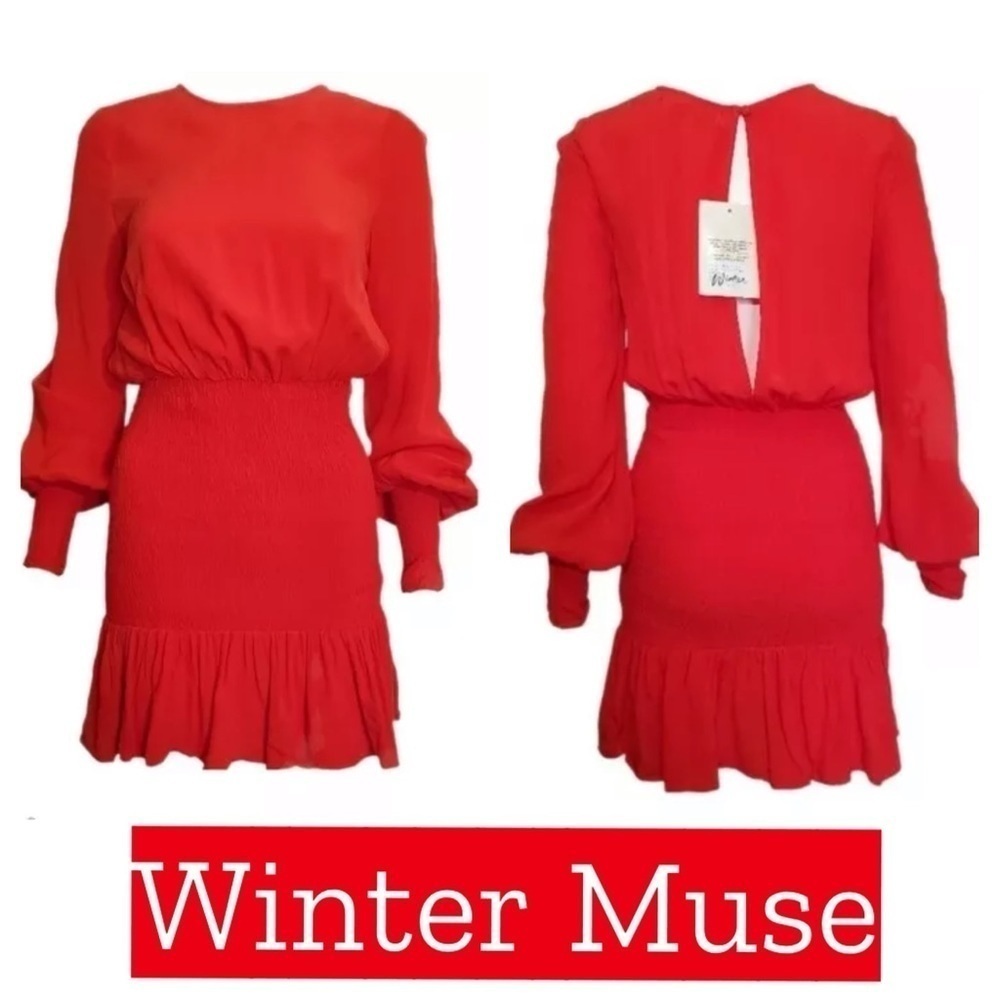 Revolve Winter Muse JASMINE Mini Dress lantern sleeve hot red dress. Valentines